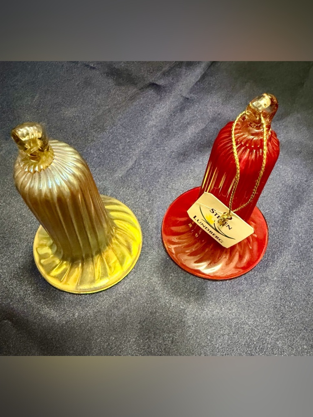 Pair of Vintage Steven Lundberg Bell Glass Ornaments Hand Blown